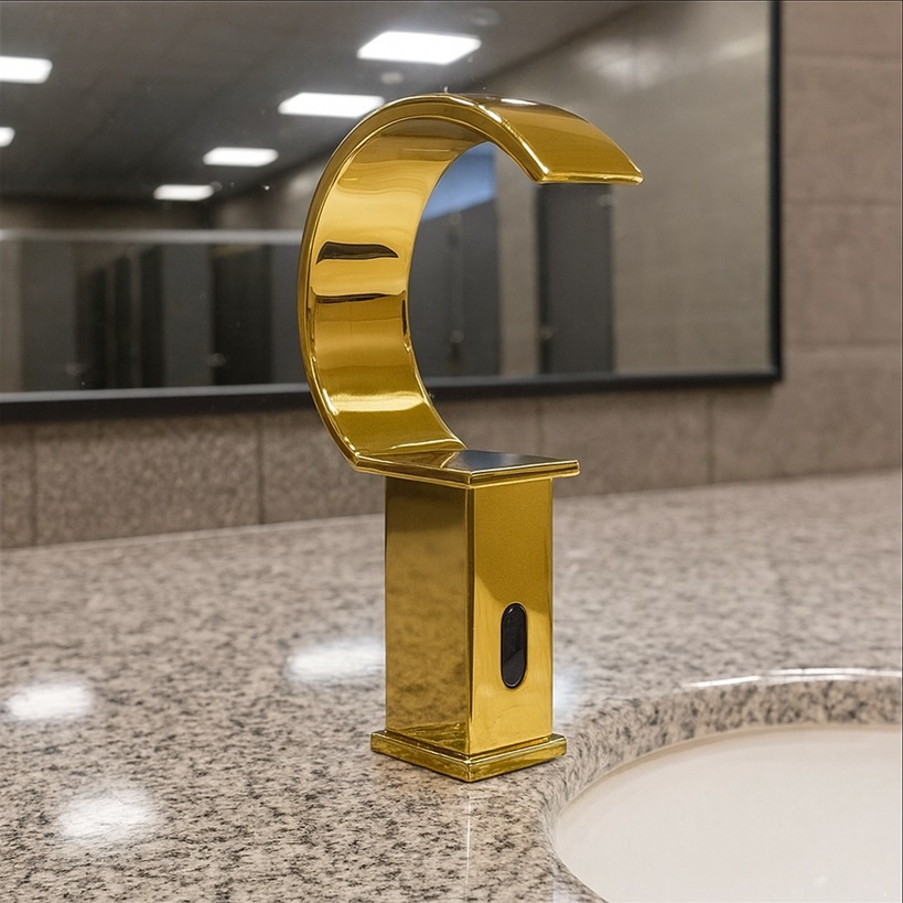 High-traffic restroom with multiple polished metal touchless faucets